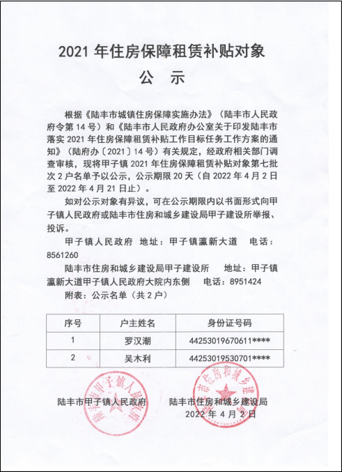 2021的住房保障租賃補貼對象公示甲子鎮(zhèn)第七批.png