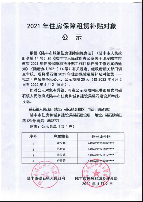 2021的住房保障租賃補貼對象公示碣石鎮(zhèn)第十一批.png